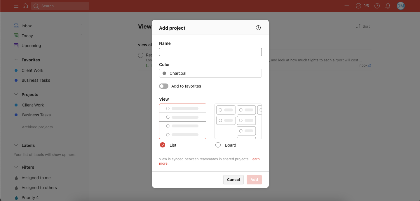 Screenshot showing how to customize project on Todoist