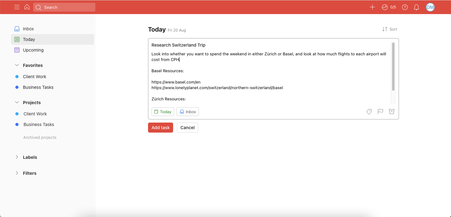Screenshot showing a Todoist task with descriptions