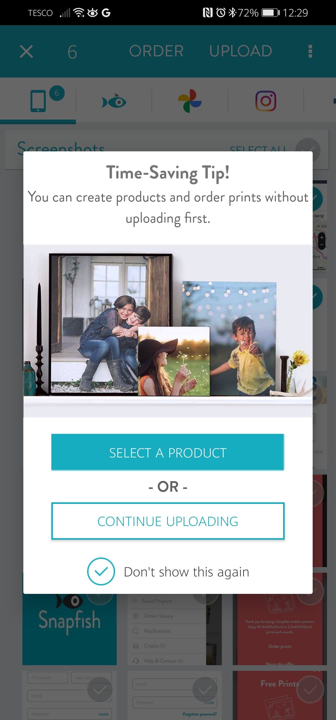 Uploading select product or continue