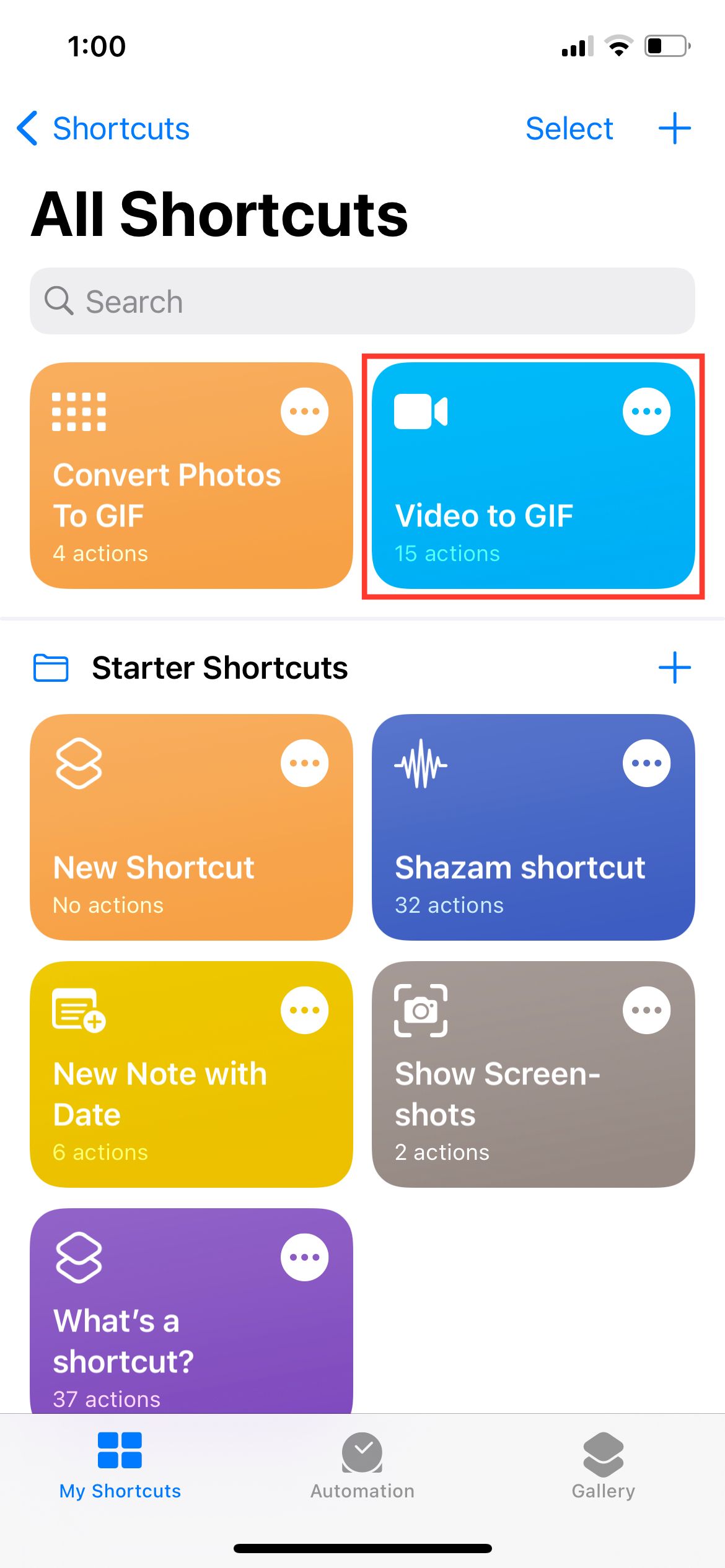 Video to GIF Shortcut on My Shortcuts