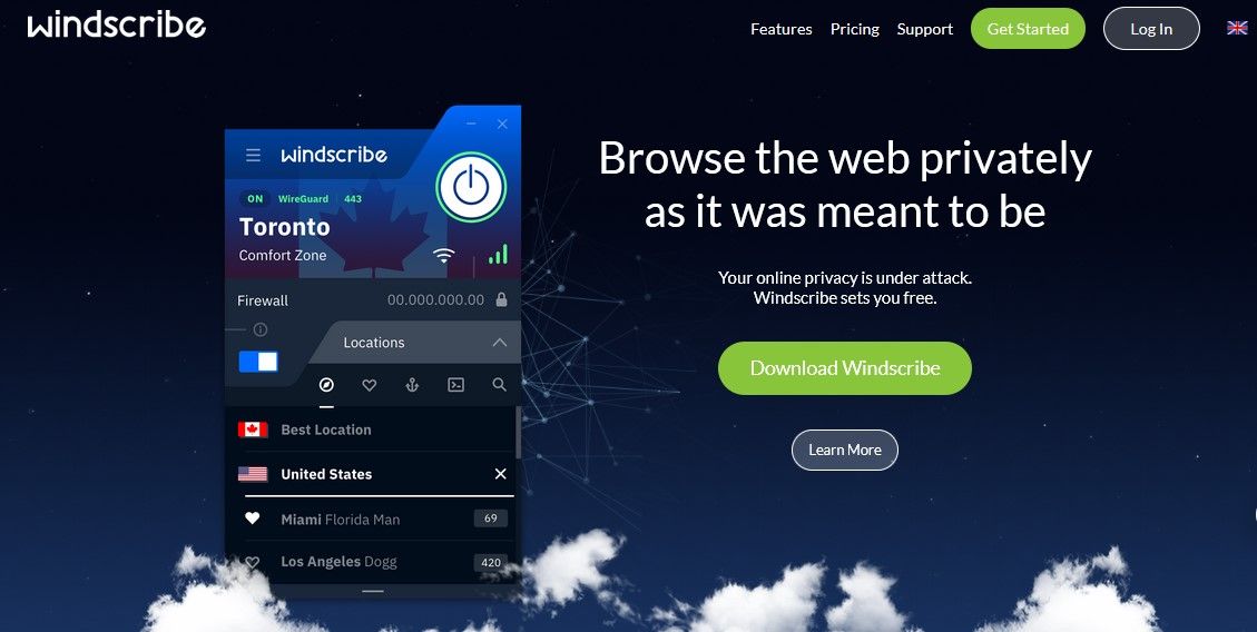 Windscribe website screenshot - Le 5 migliori VPN gratuite per Android
