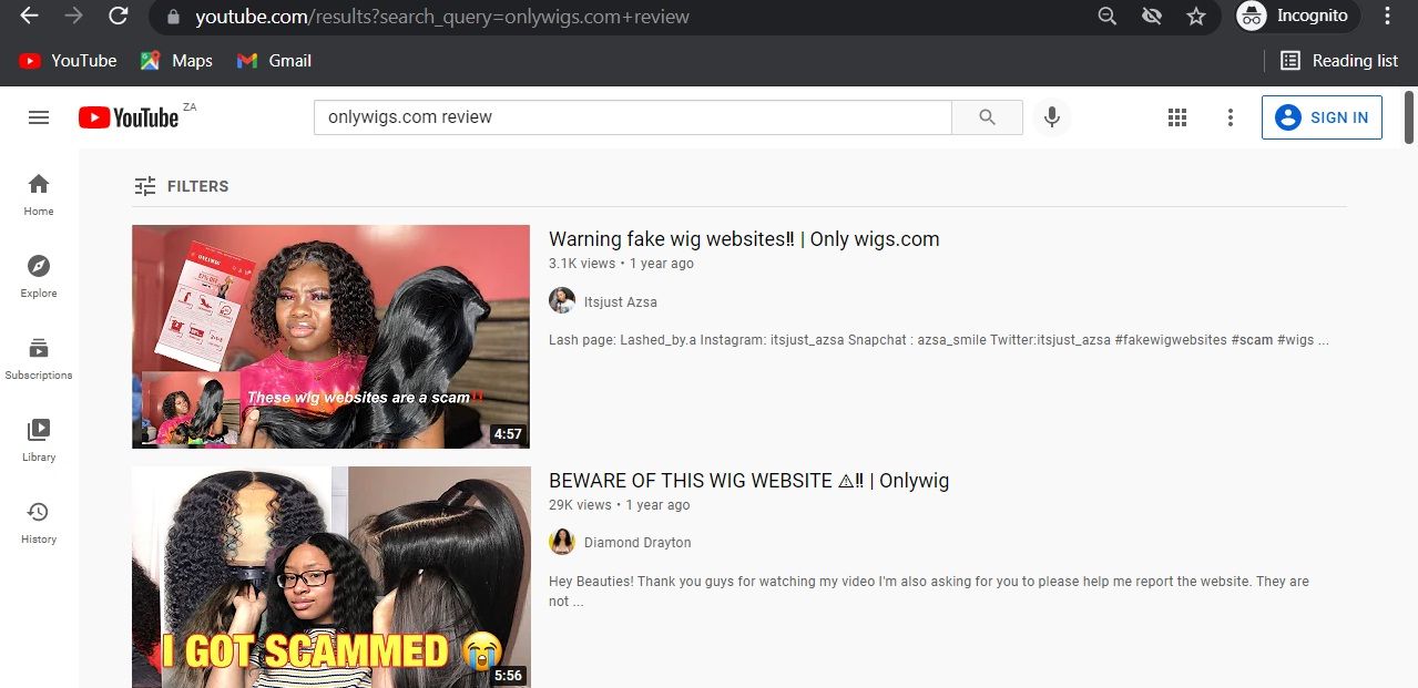 YouTube review search screenshot