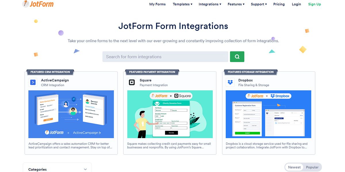 A visual showing the JotForm platform for choosing app integrations