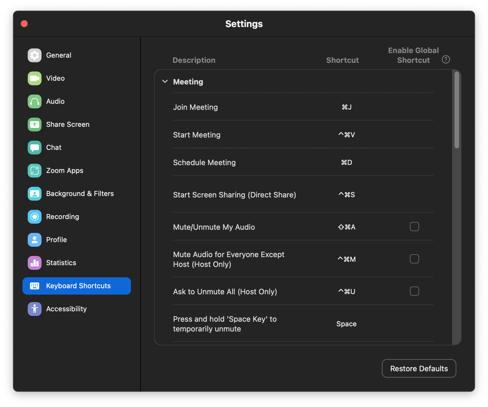 Zoom keyboard shortcuts