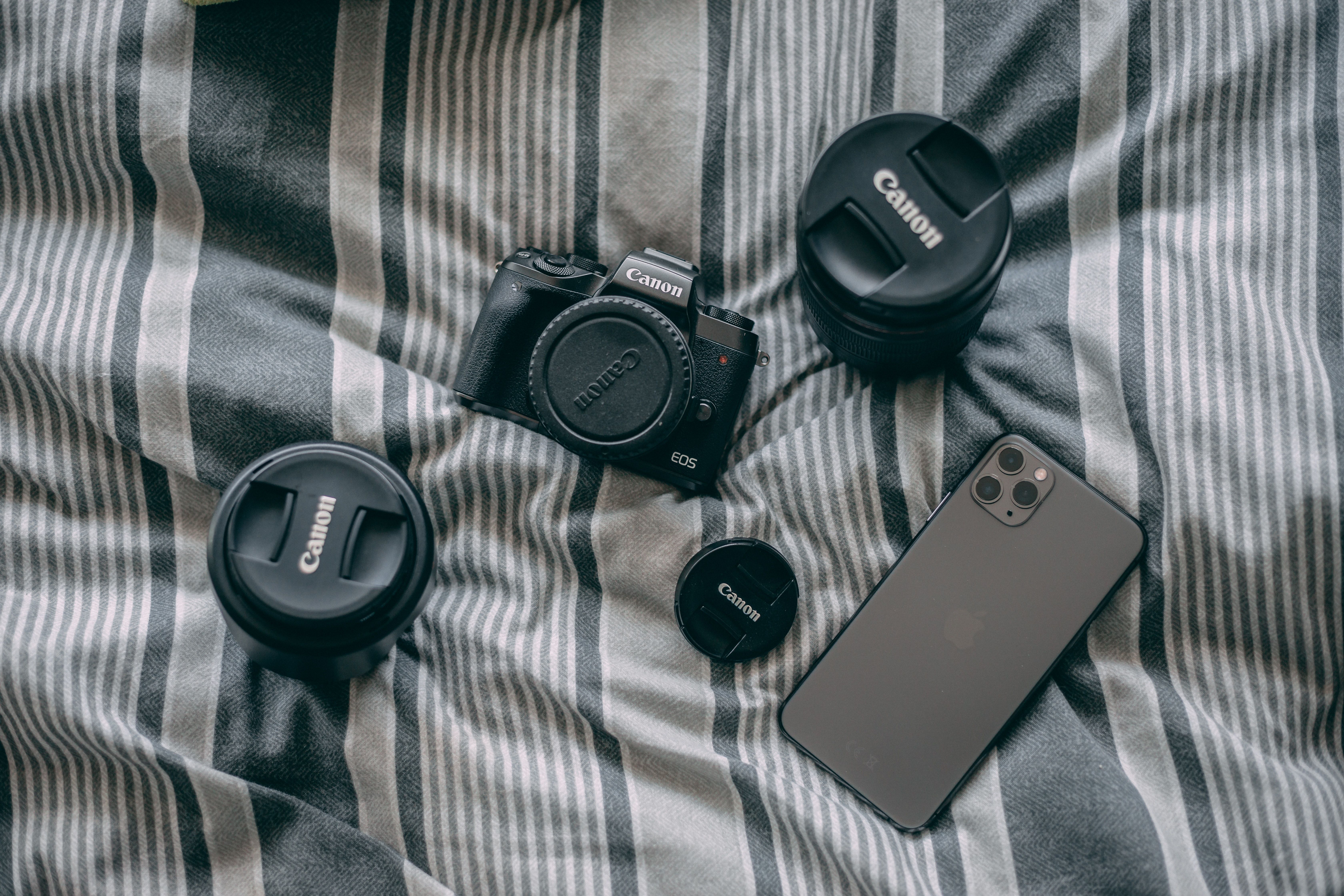 смартфон, фотоаппарат и два объектива на кровати