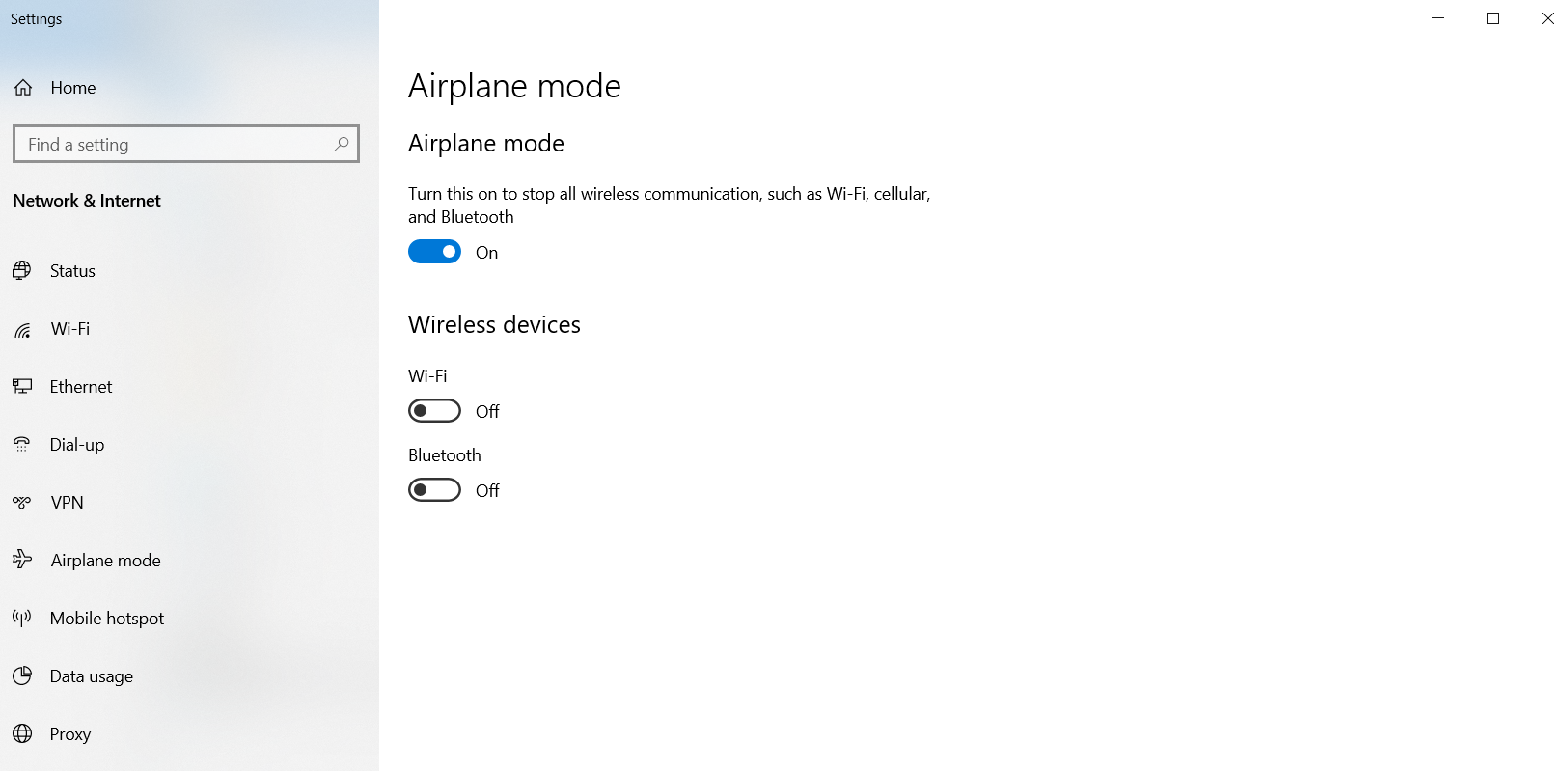 Airplane mode in the Network & Internet menu.