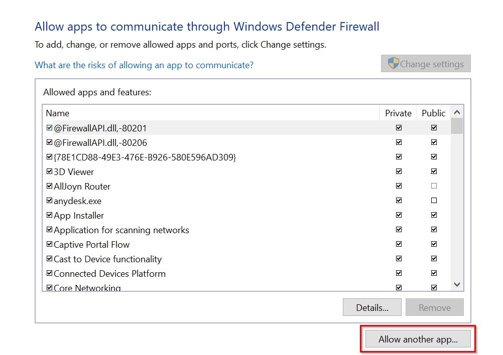 Windows Firewall exceptions menu.