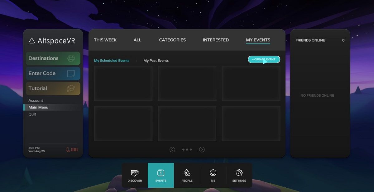 Menus for creating an event in AltspaceVR.