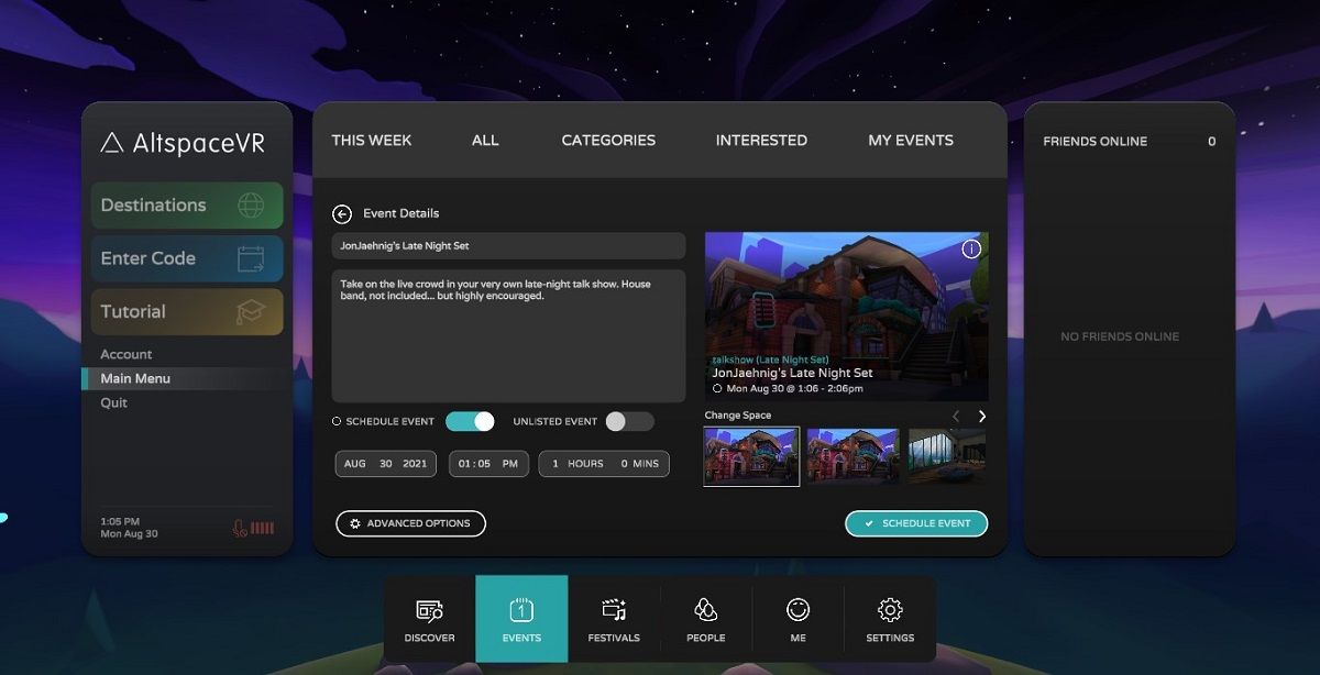 Scheduling a public event in AltspaceVR.