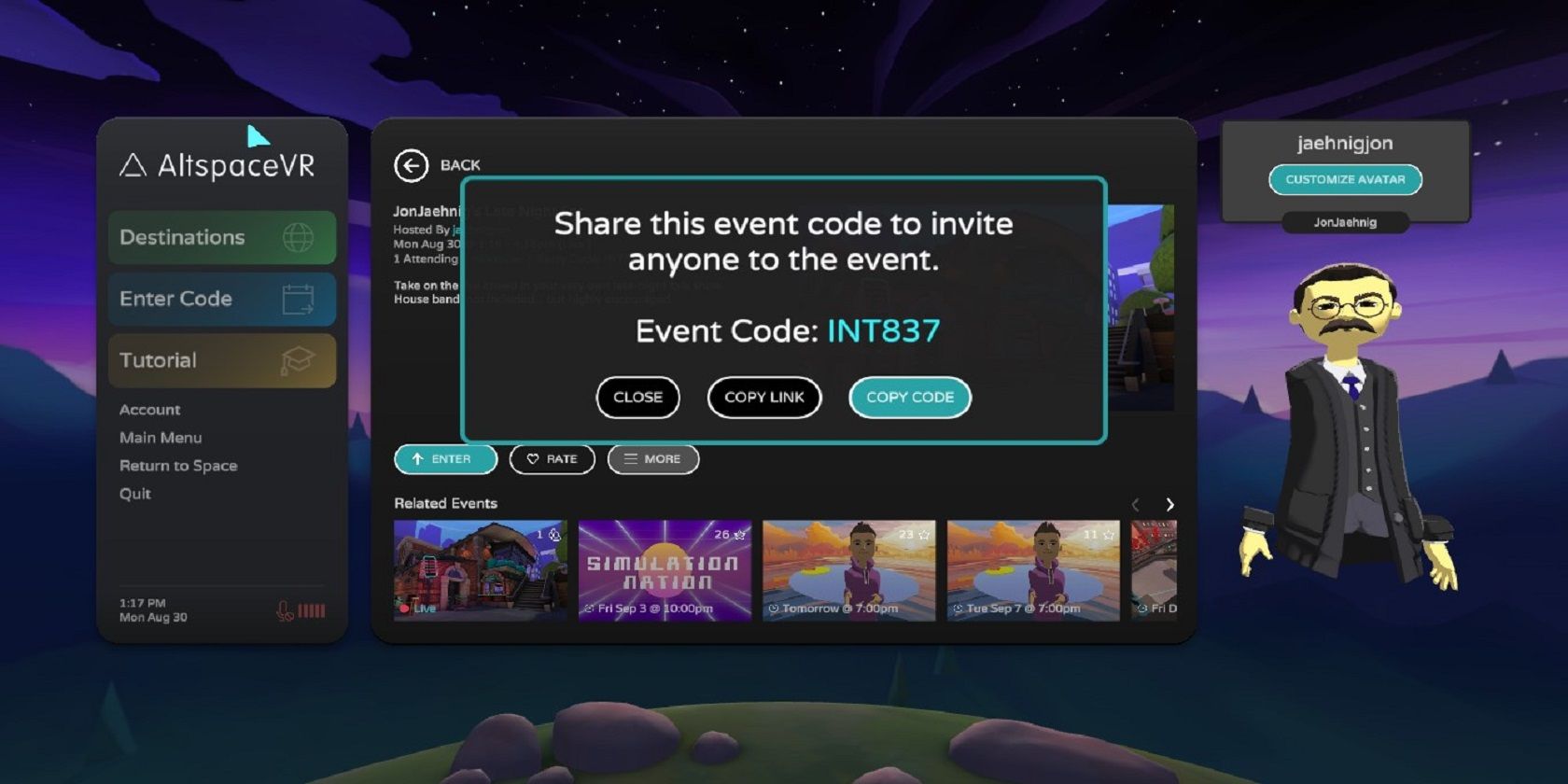 The interface for Sharing an event in AltspaceVR.