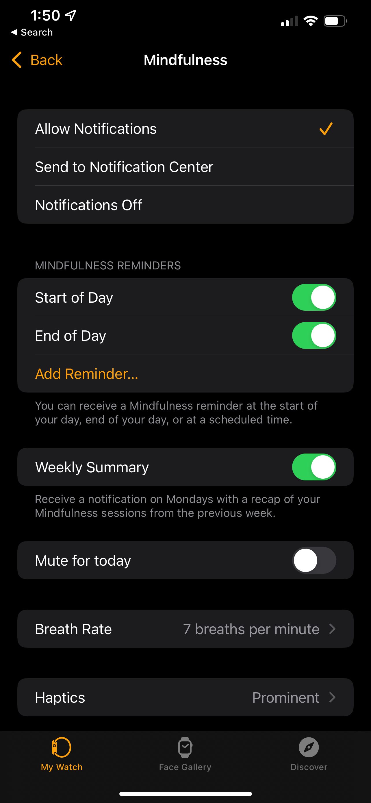 Apple Watch mindfulness settings