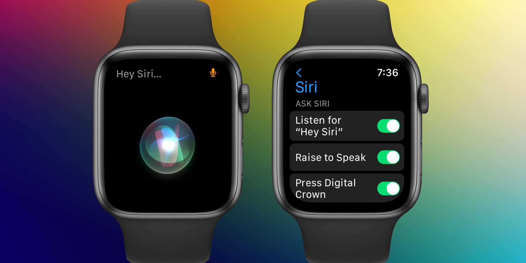 Siri on an Apple Watch over a colored background