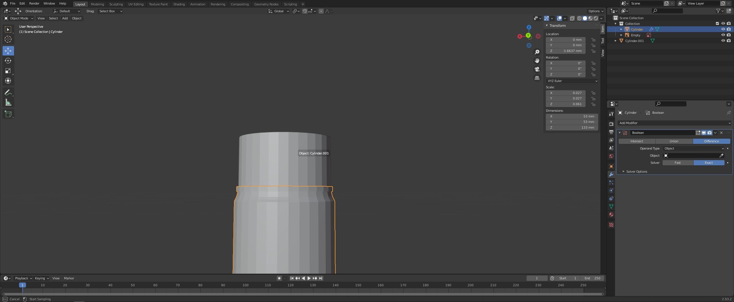 Blender cylinder cutout boolean