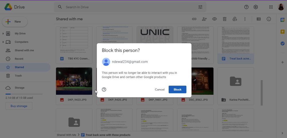 block someone in google drive using pc