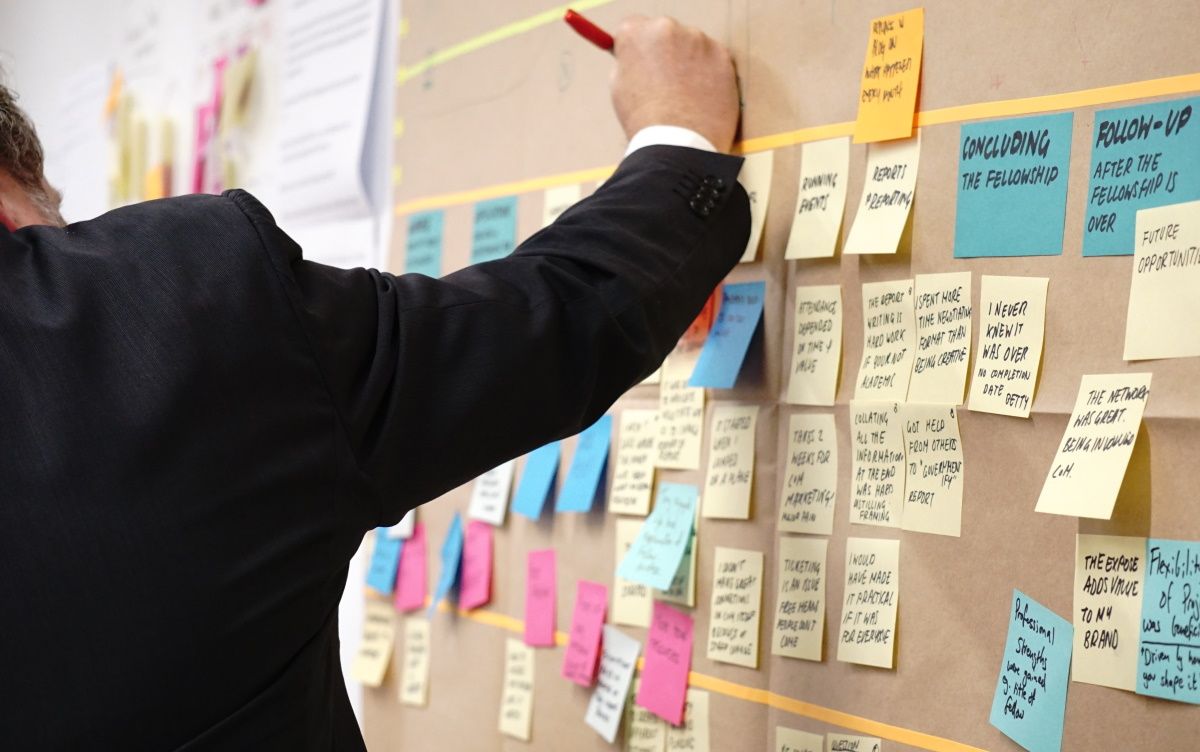 A man organizing tasks on a kanban board