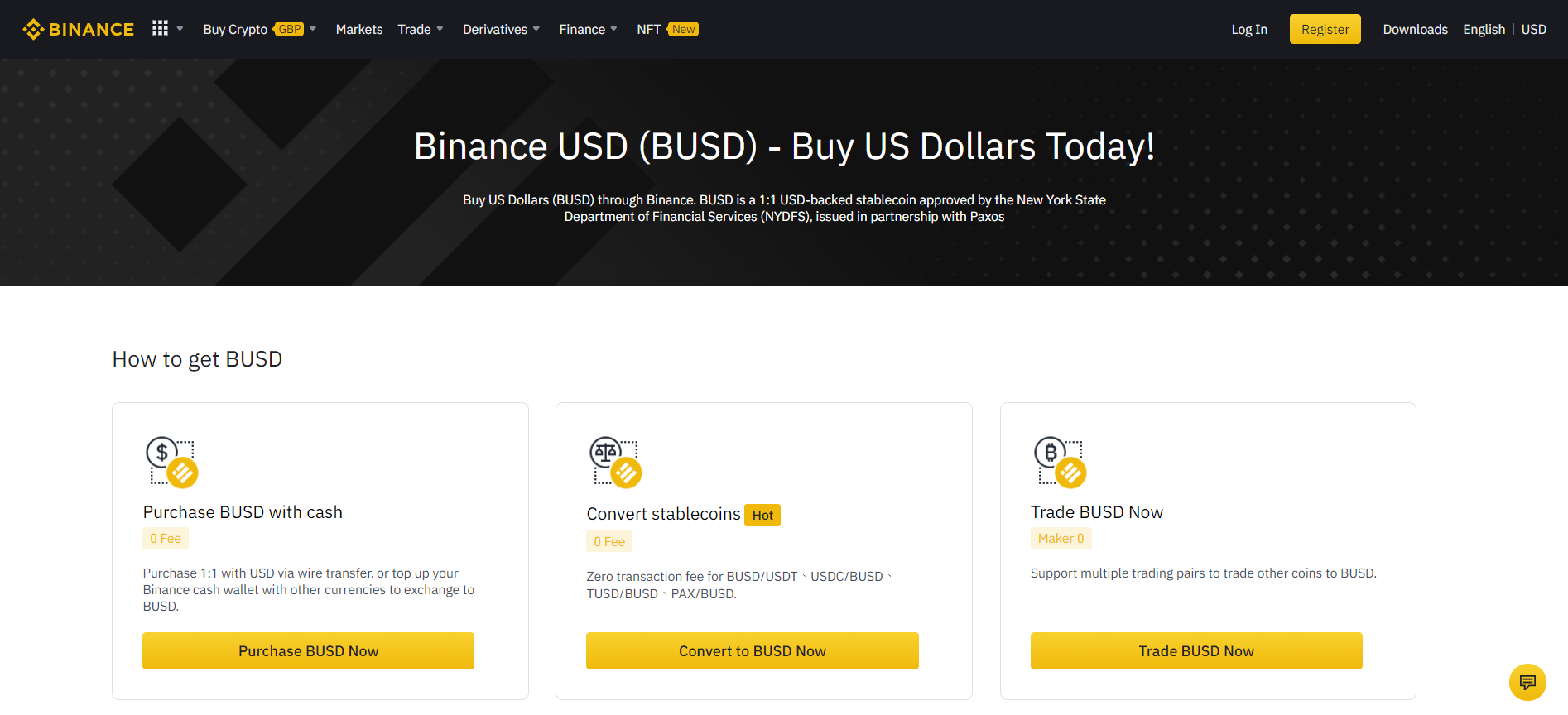 Screen capture of Binance's homepage about its BUSD stablecoin