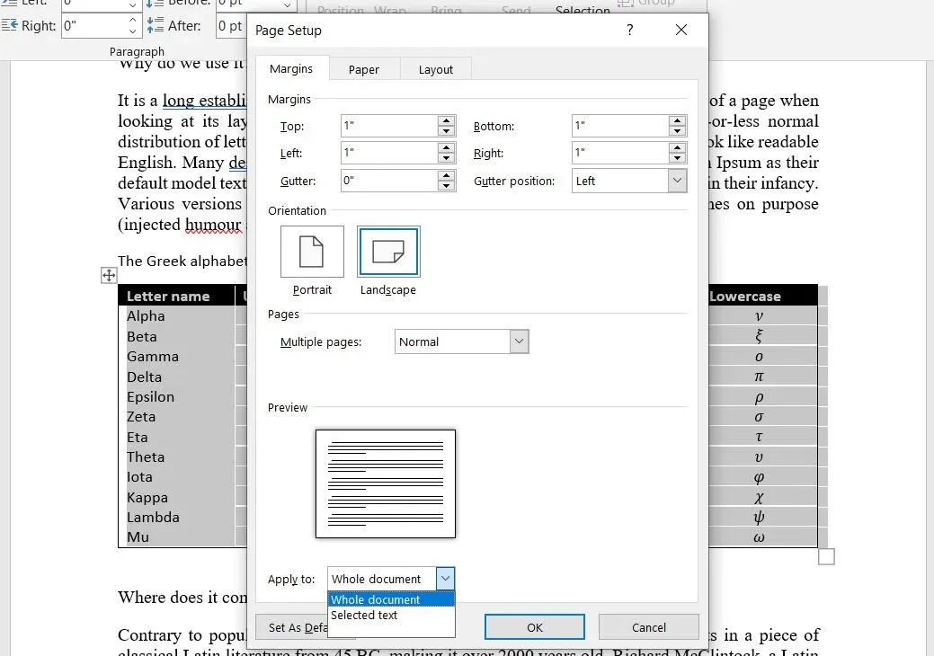 Page Setup option in Microsoft Word