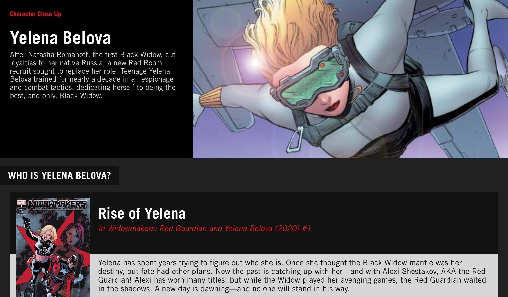 Exploring a character history (Yelena Belova) on Marvel Unlimited.