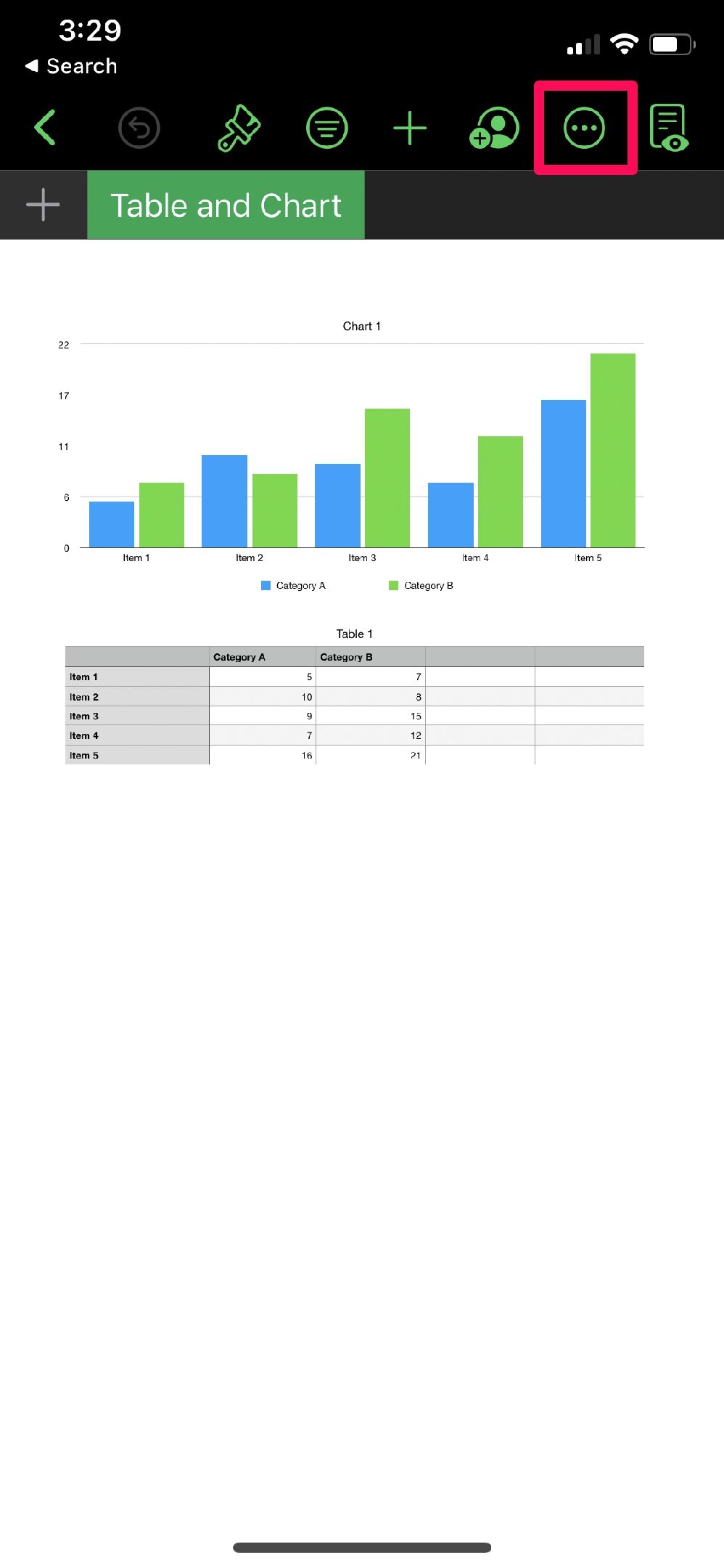 Numbers app More options