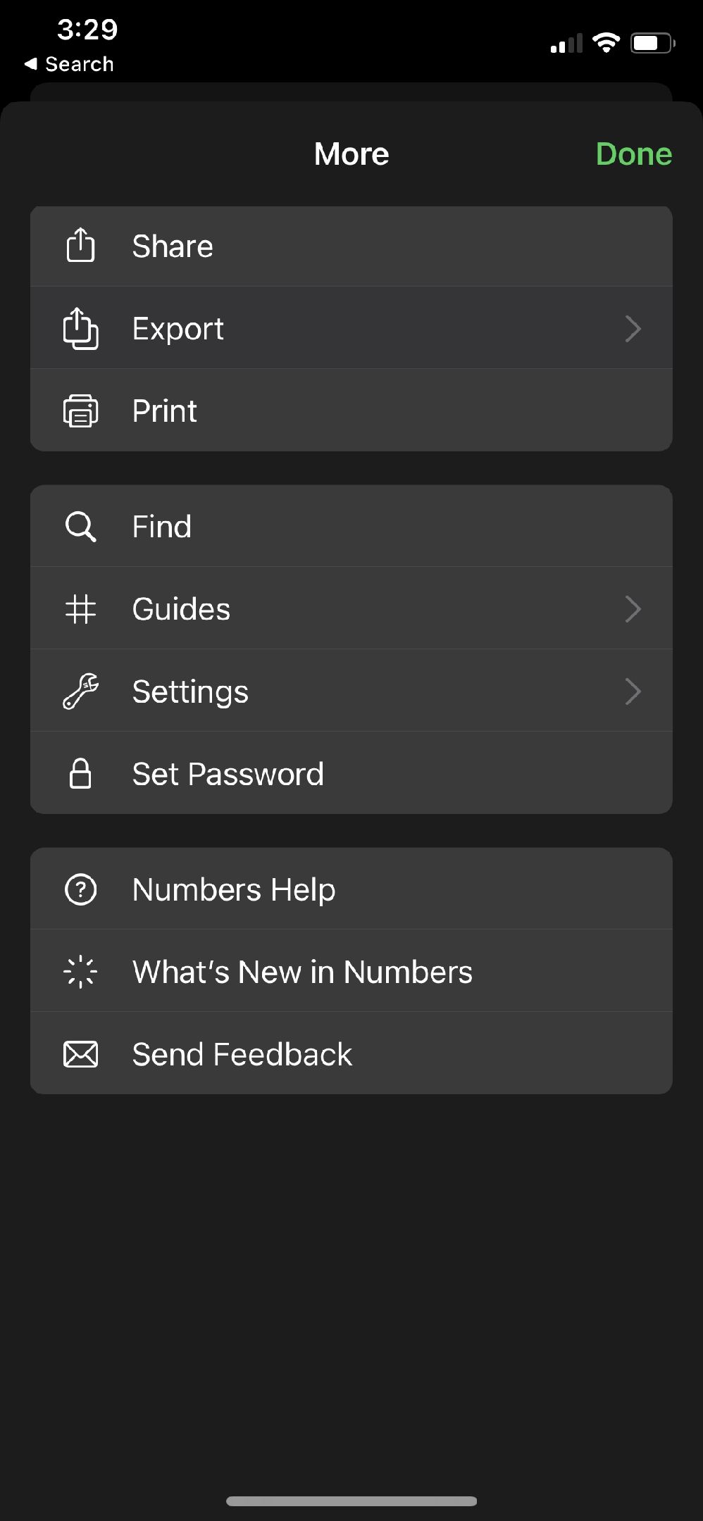 Numbers app More options