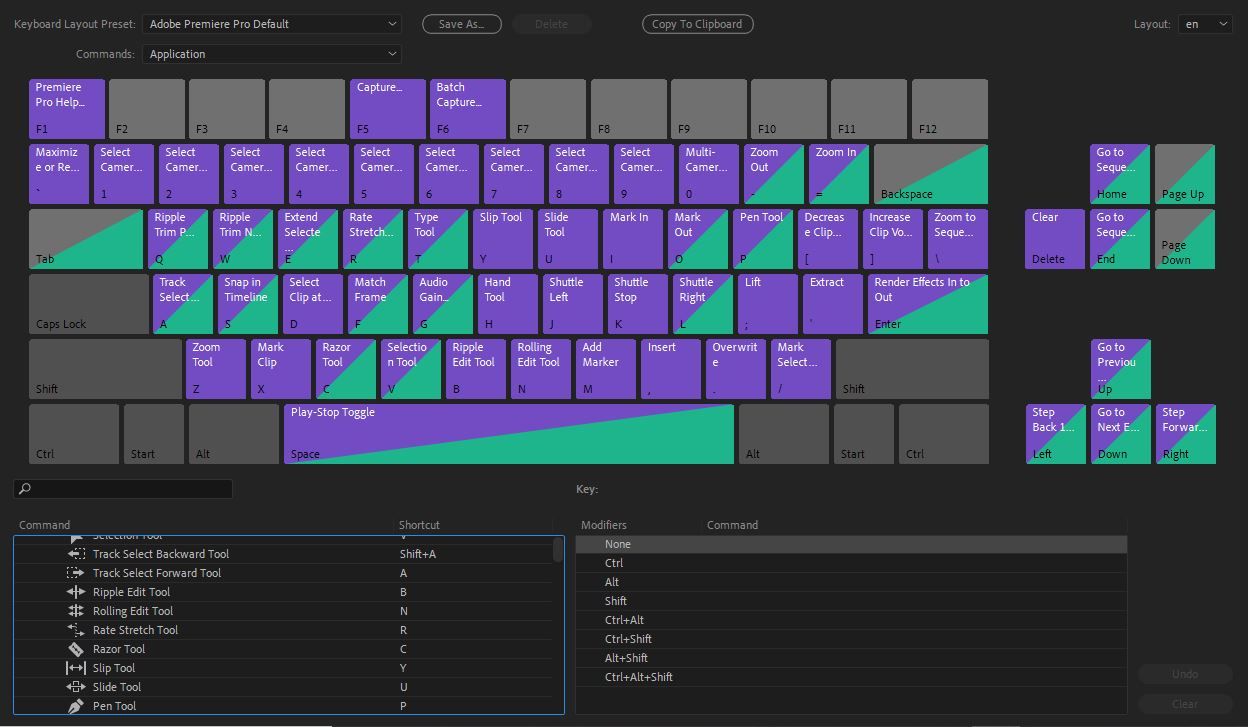 The Keyboard Shortcuts editor in Premiere Pro