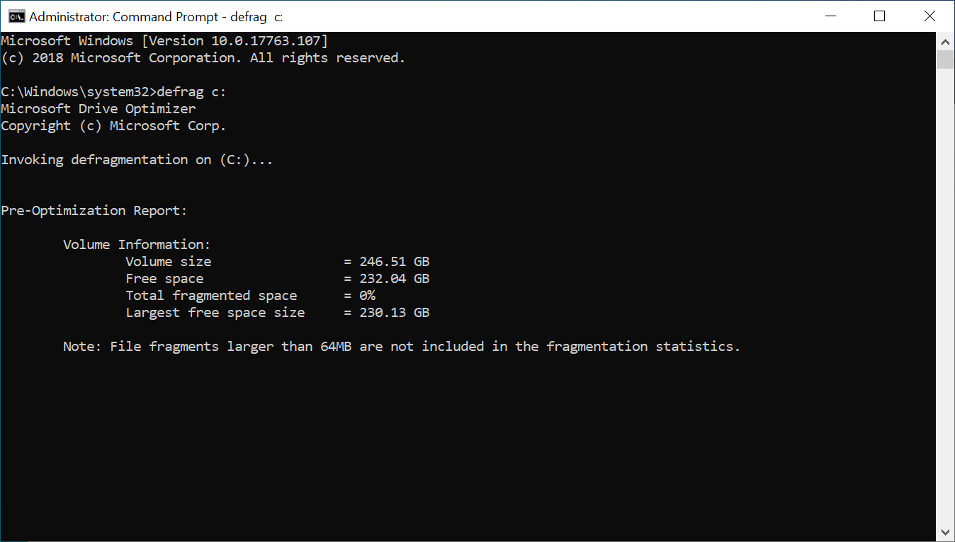 The Windows Command Prompt in the process of defragmentation, showing volume information and the expected results