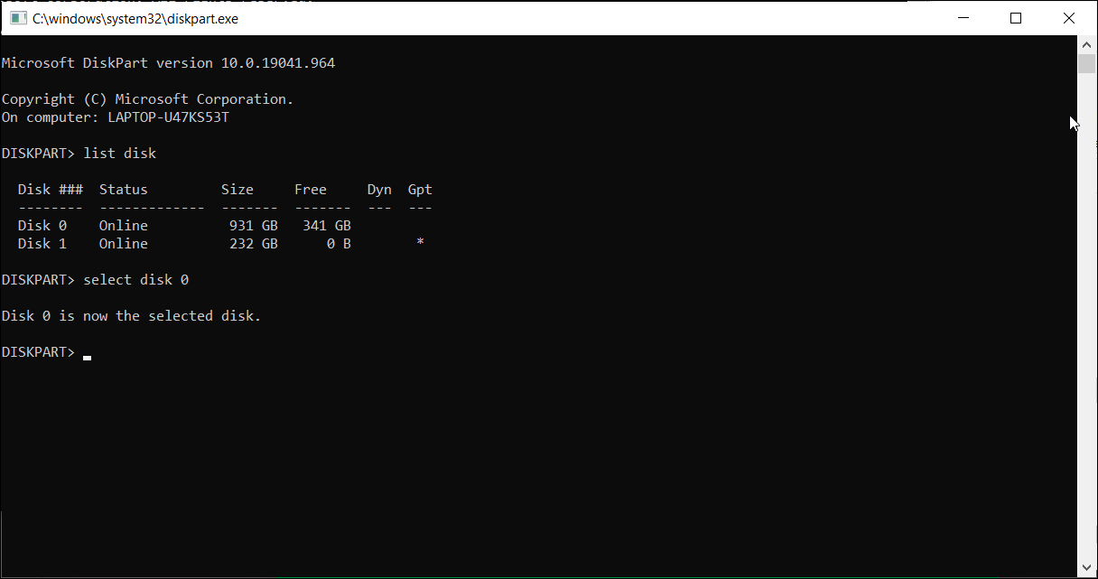 The Windows command prompt running the DiskPart program, with available volumes listed