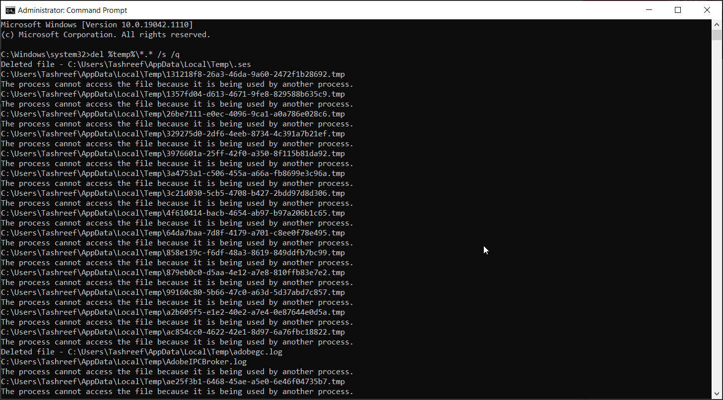 The Windows Command Prompt with the del command in progress, showing some individual files that cannot be deleted