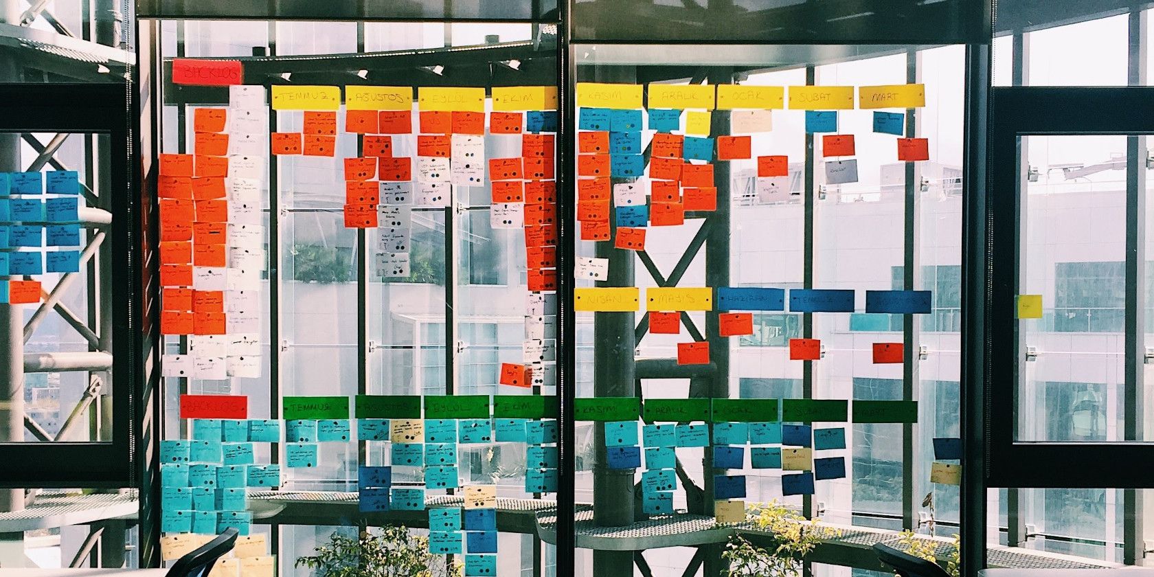 A vibrant Kanban board in a beautiful office.