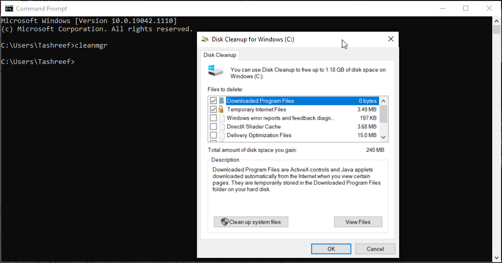 The Windows Disk Cleanup program, a GUI app launched from a command prompt