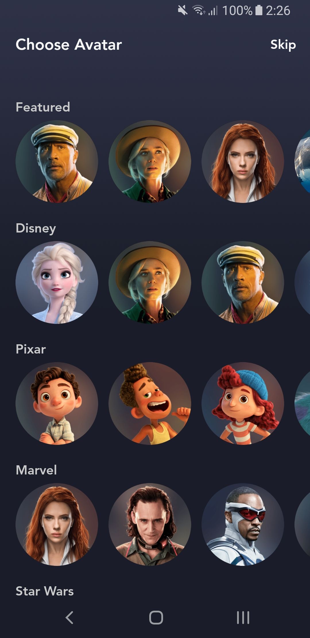 A screenshot of the Disney+ app showing avatar selection