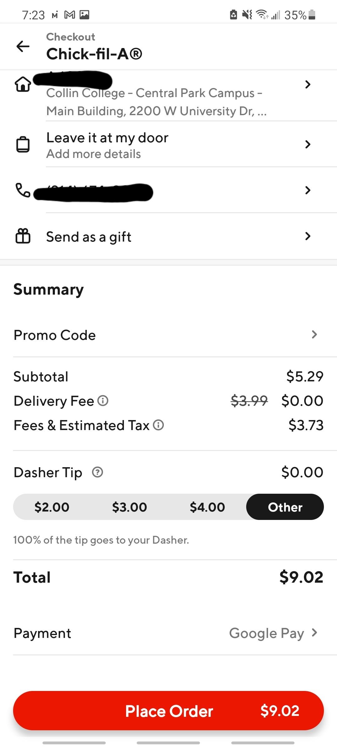 doordash delivery screen showing fees and total