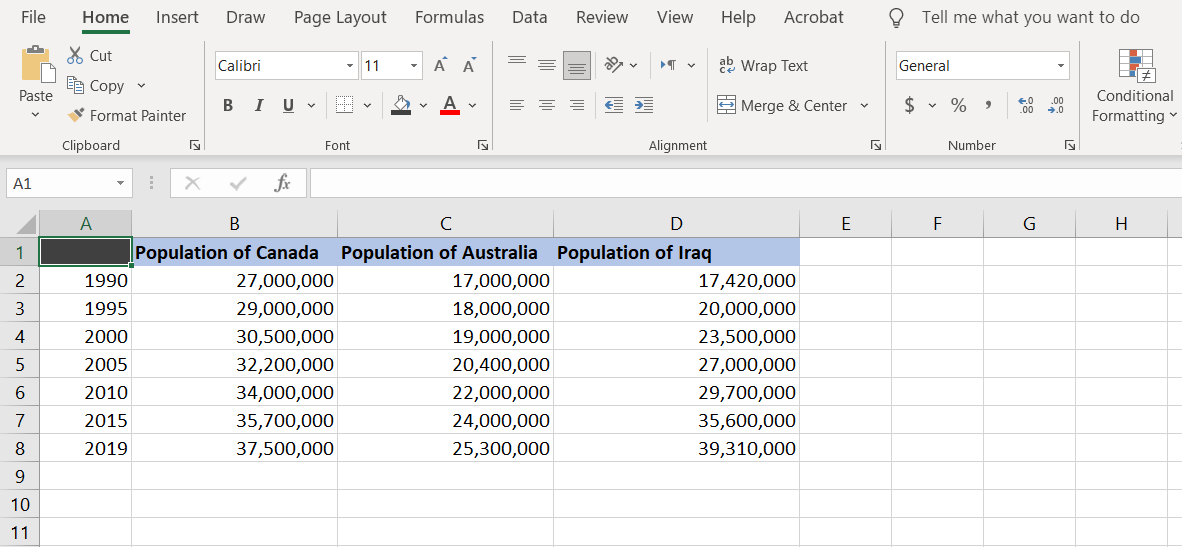 Example spreadsheet for Excel line graph.