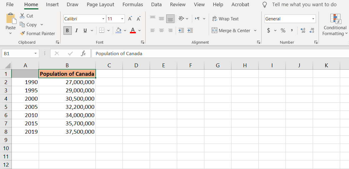 Sample spreadsheet for line graphs in Excel.