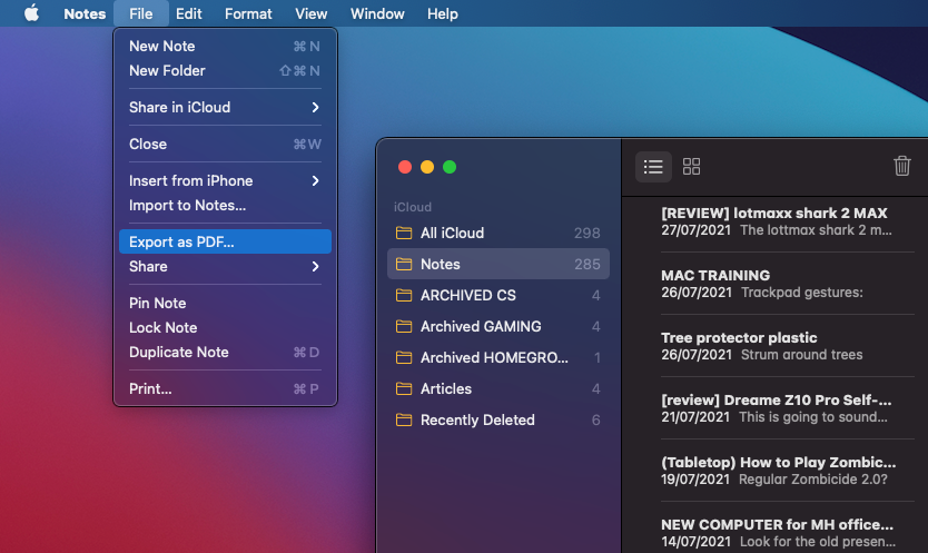 Export Apple Notes as PDF on a Mac