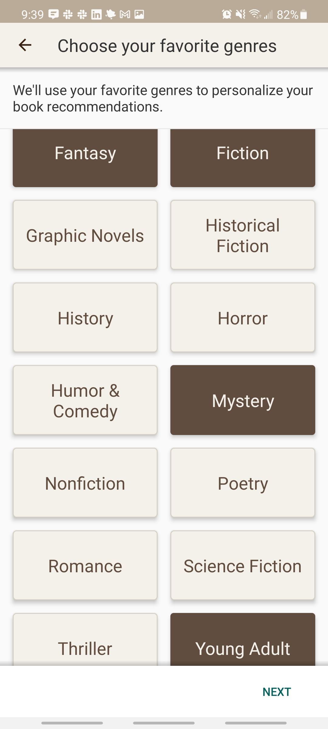 goodreads app selecting your favorite genres screen
