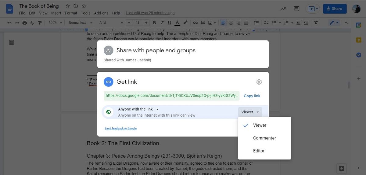 Sharing settings for a Google Doc