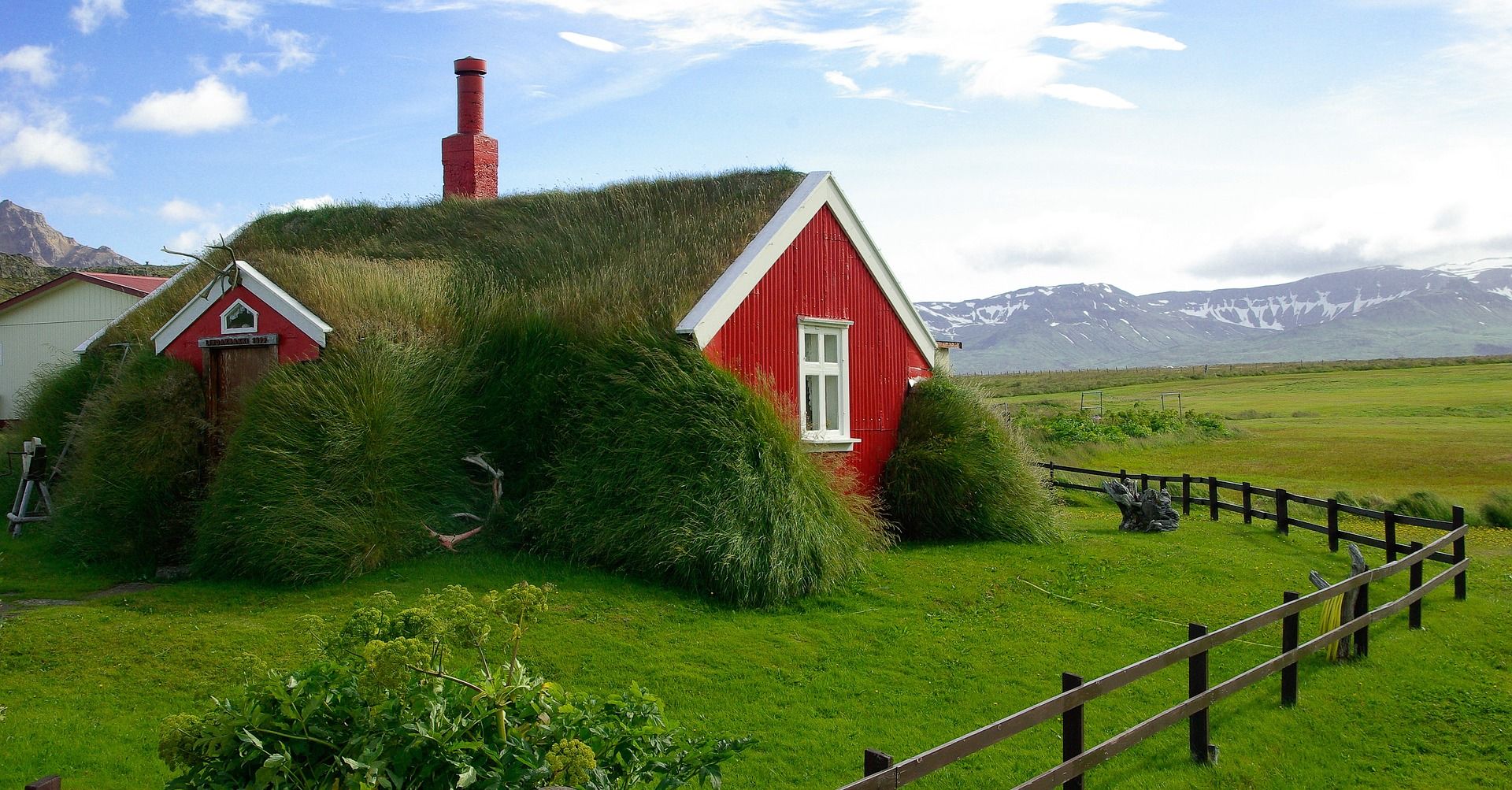 red grass roof house in field
