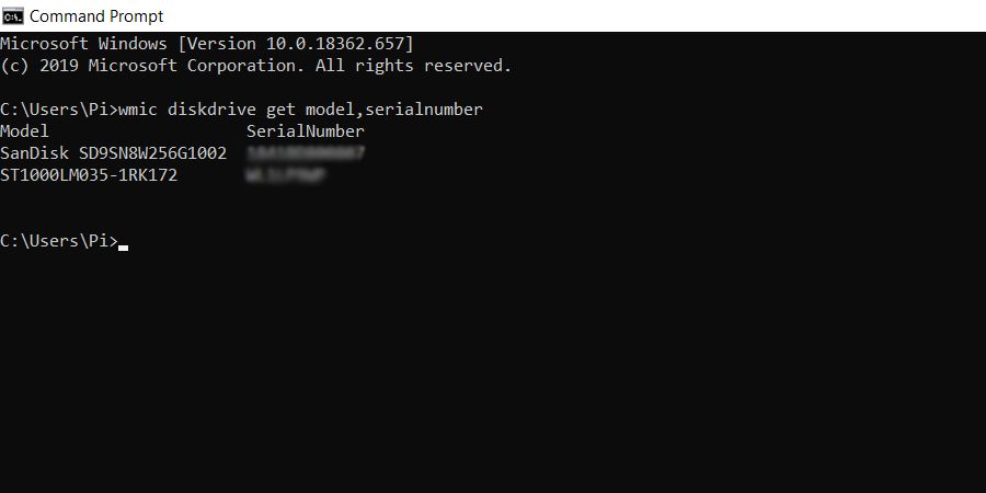 Hard disk serial number and model number in Command Prompt