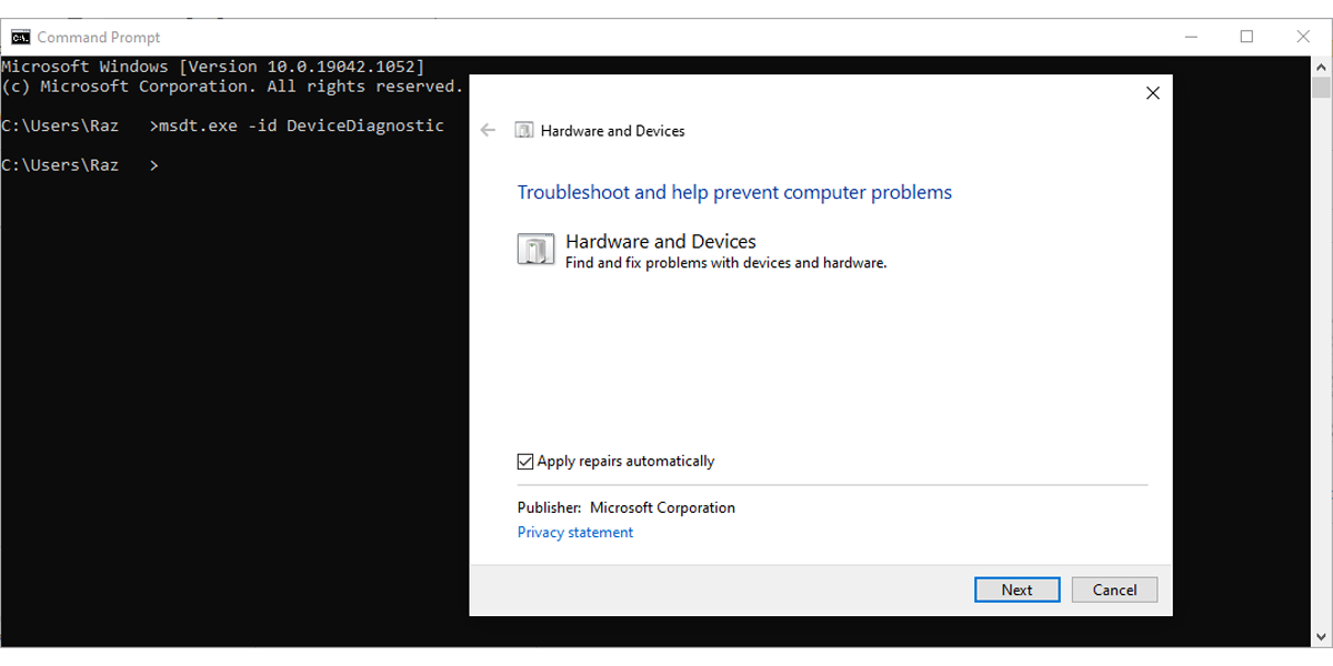 Hardware and devices troubleshooter in Windows 10