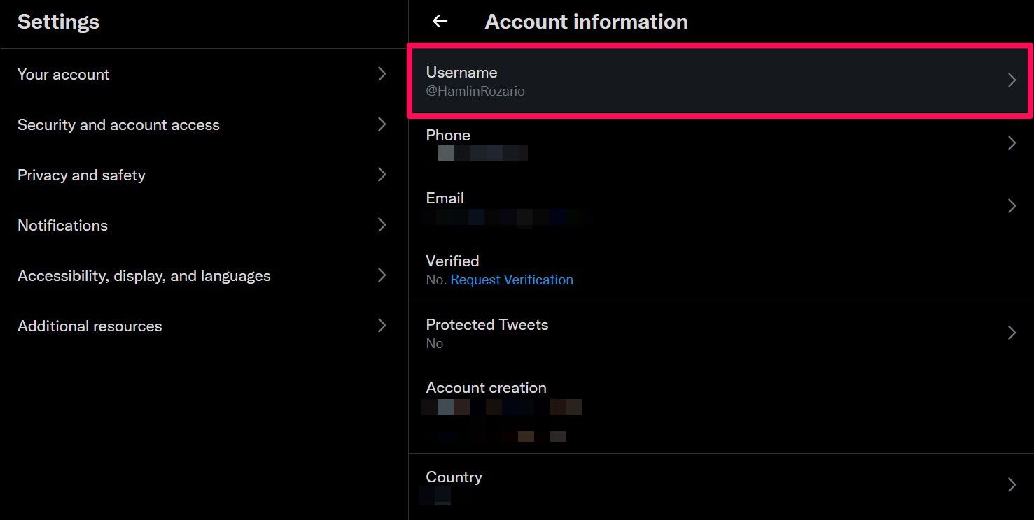 Twitter Account Information menu