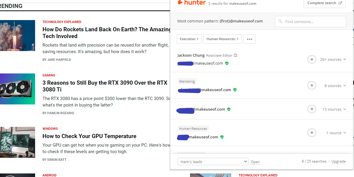hunterio screenshot - Le 7 migliori estensioni di Chrome per trovare l’indirizzo email di chiunque