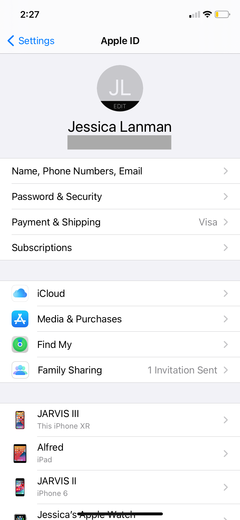 The Apple ID settings on an iPhone
