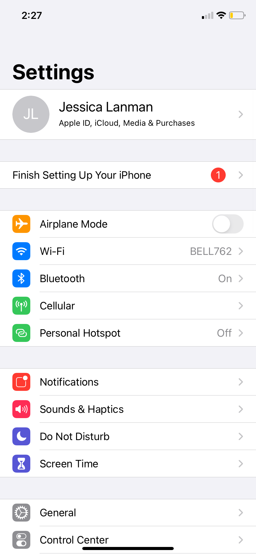 The main settings window on an iPhone XR