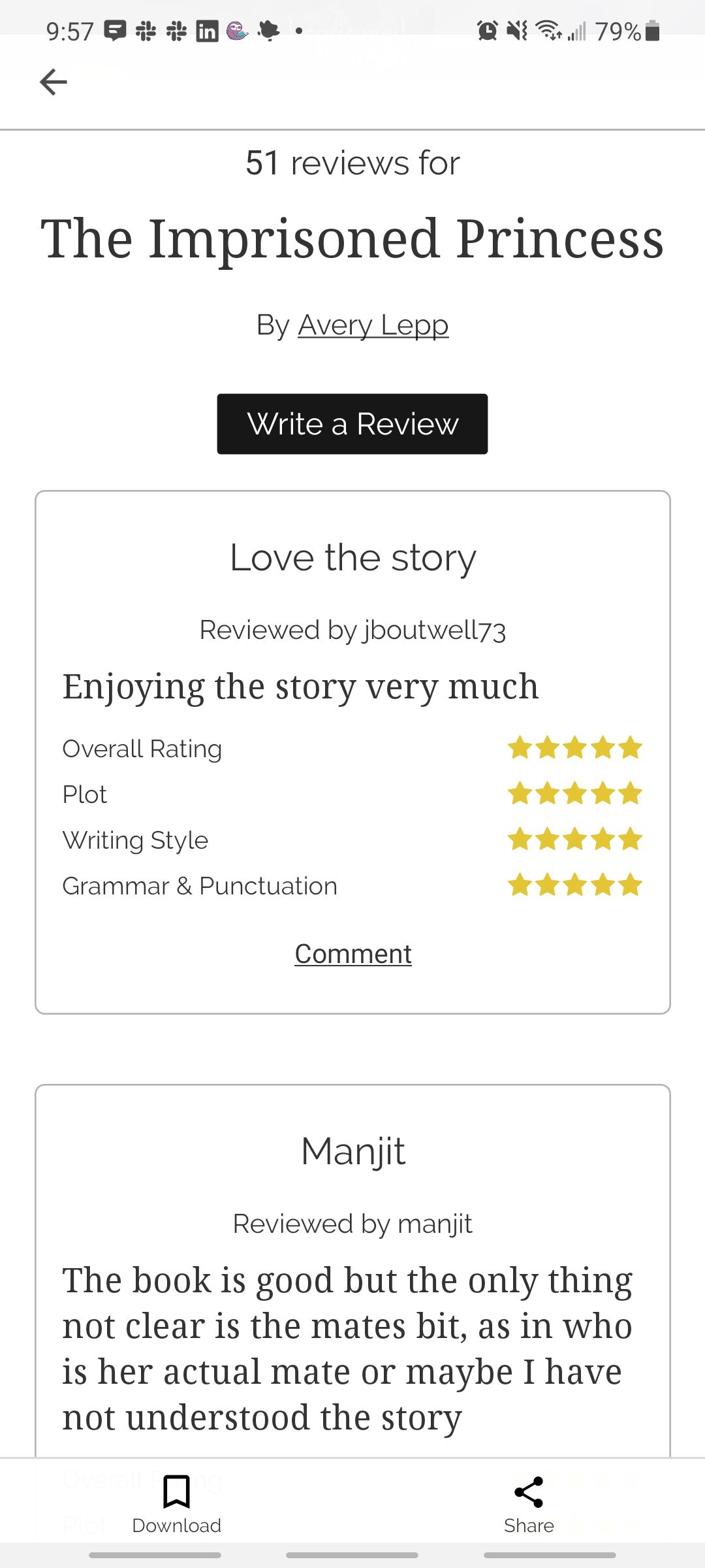 inkitt app showing reviews for the imprisoned princess