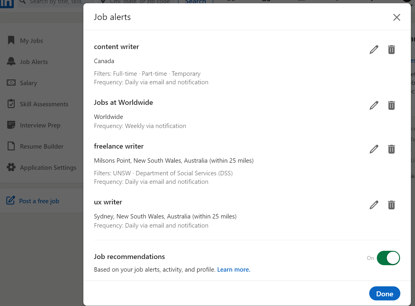 Screenshot showing LinkedIn job alerts window