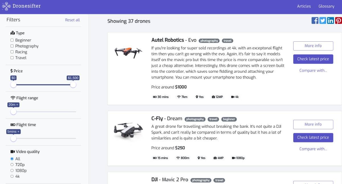 DroneSifter lets you find and compare different drones for photography based on specifications