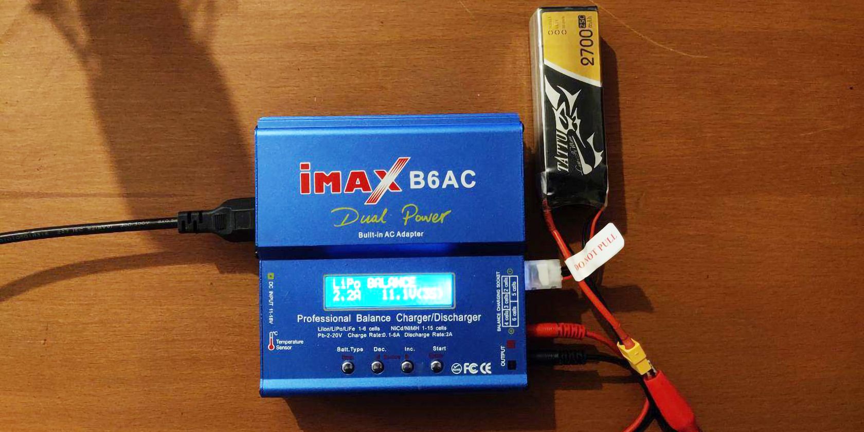 A LiPo balance charger connected to a 3 cell LiPo battery
