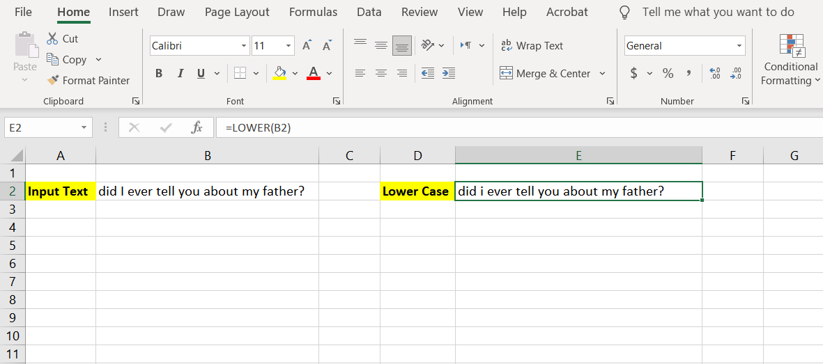 Usage of the LOWER function in Excel.