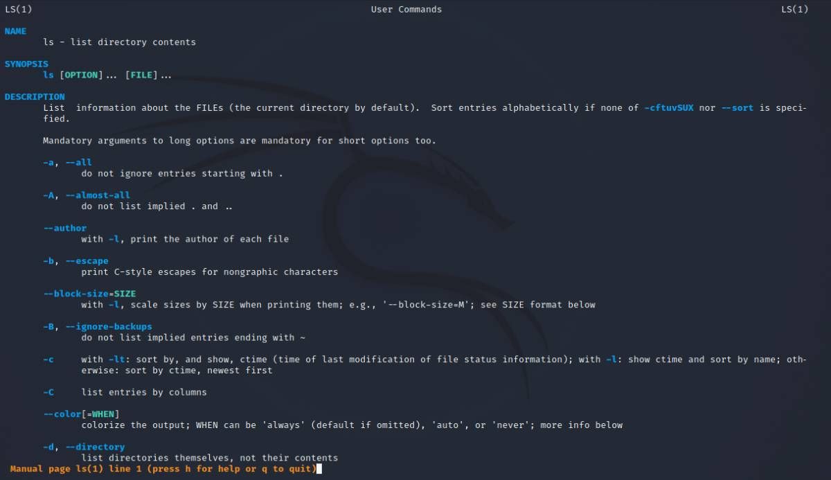 man page for ls command